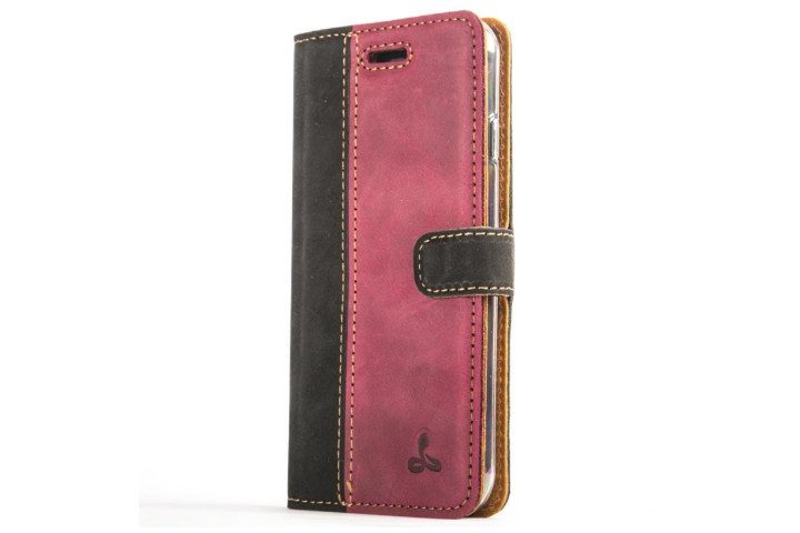 Photo shows a plum and black two-tone vintage leather wallet case on an iPhone 7
