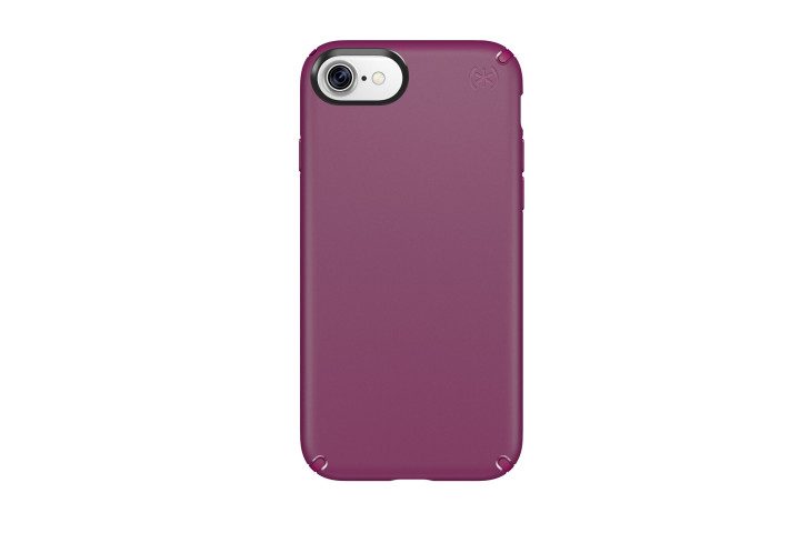 Photo shows the rear view of an iPhone 7 in a purple shell case by Speck