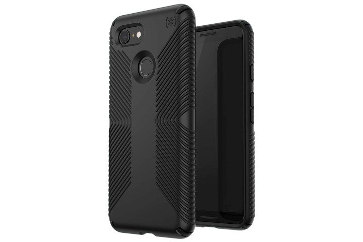 Front and back views of a black Speck Presidio Grip case for the Google Pixel 3.