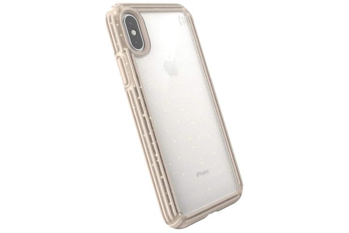 Photo shows the rear view of an iPhone XS in a clear case with gold glitter from Speck