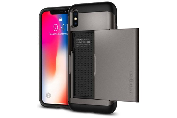 Photo shows the front and rear view of an iPhone XS in a slim armor case from Spigen, which slides open at the back to reveal storage space for cards