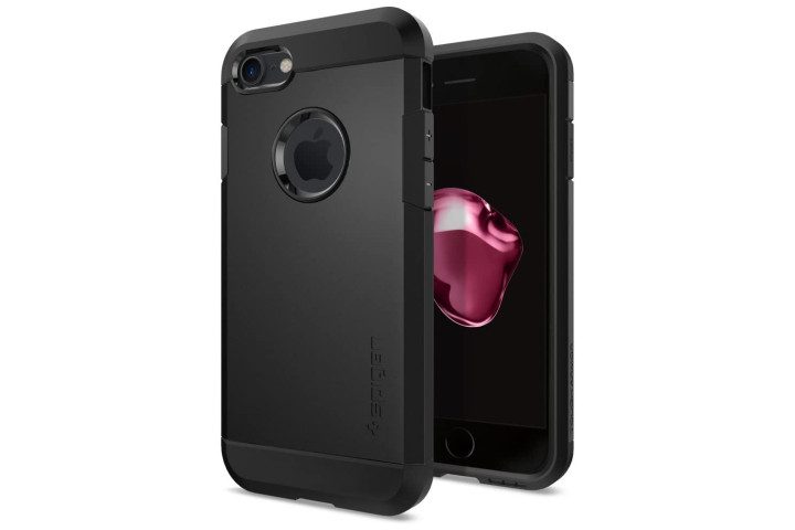 Photo shows the front and back view of an iPhone 7 in a black Tough Armor case from Spigen