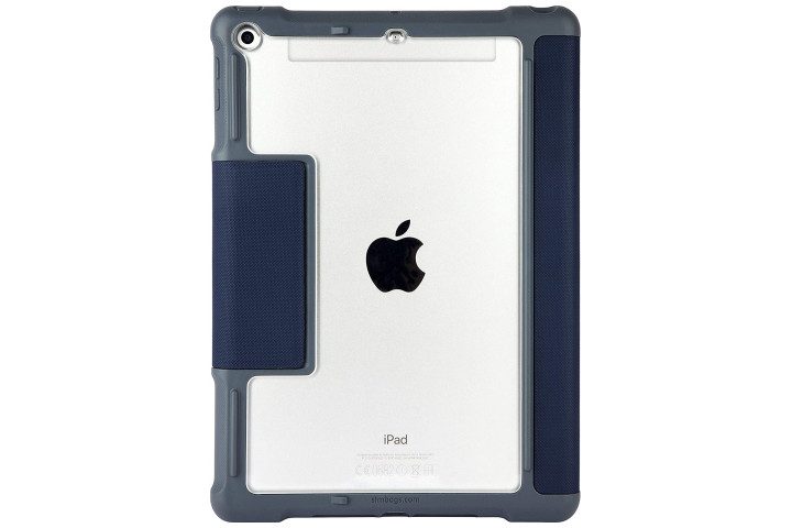 An Apple iPad 2018 inside a blue and black STM Dux rugged case.