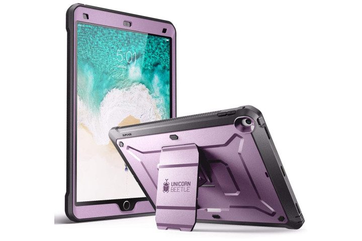 The front and rear view of a purple metallic iPad case from Supcase, with the kickstand folded out.