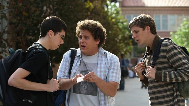 Christopher Mintz-Plasse, Jonah Hill, and Michael Cera in Superbad.