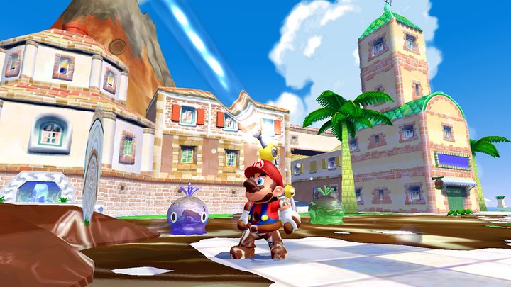Mario cleans gunk in Super Mario Sunshine.