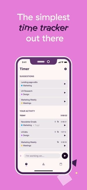 Screenshot of the Toggl app showing the timer and text saying "The simplest time tracker out there"