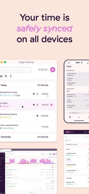 Screenshot of the Toggl app with pictures of the app used across different devices and text that says "Your time is safely synced on all devices"