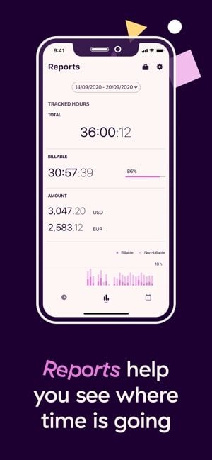 Screenshot of the Toggl app with a picture of the reports feature and text saying "Reports help you see where time is going"