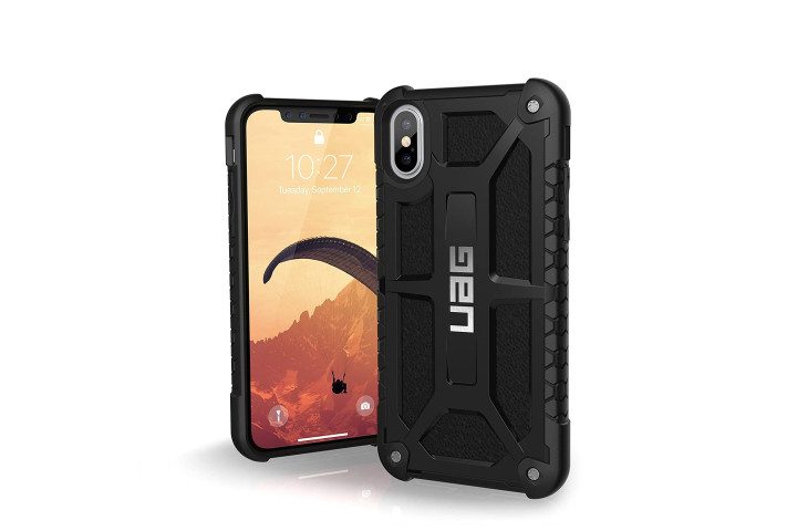 Picture shows the front and back view of an iPhone XS in a black and silver case from Urban Armor Gear