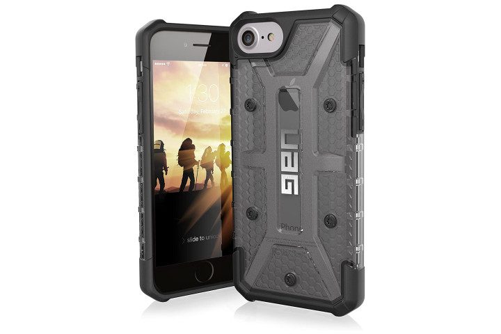 Photo shows the front and rear view of an Iphone 7 in a grey case from Urban Armor Gear