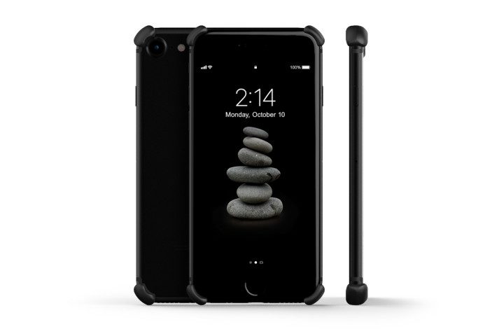 Photo shows the front, rear and side view of an iPhone 7 with black rubber corner protection bumpers