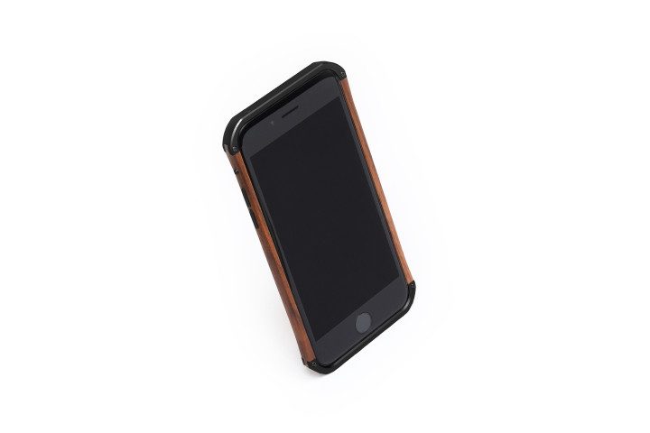 Photo shows a wood case on an iPhone 7