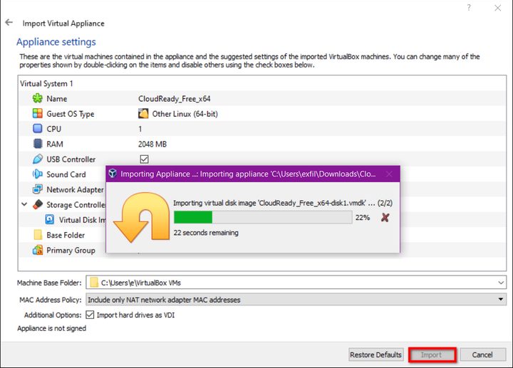 VirtualBox Importing Appliance