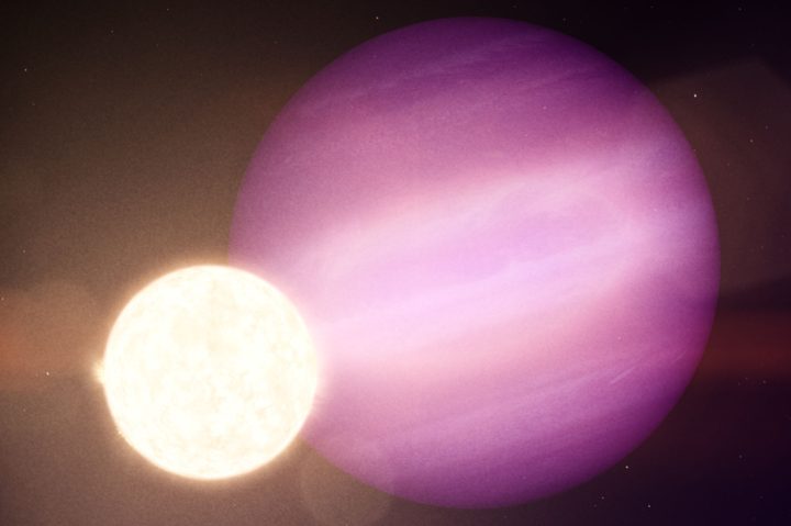 In this illustration, WD 1856 b, a potential Jupiter-size planet, orbits its much smaller host star, a dim white dwarf.