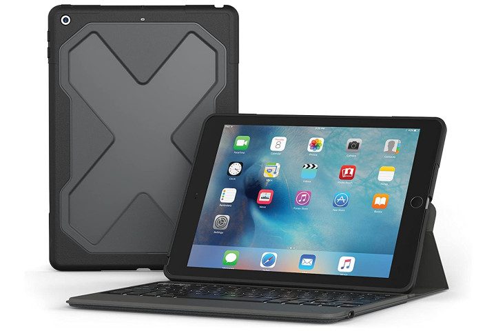The iPad 2018 in a black Zagg Rugged Messenger case, a view of the rear of the case and a view of the iPad in the case folded out into a kickstand.