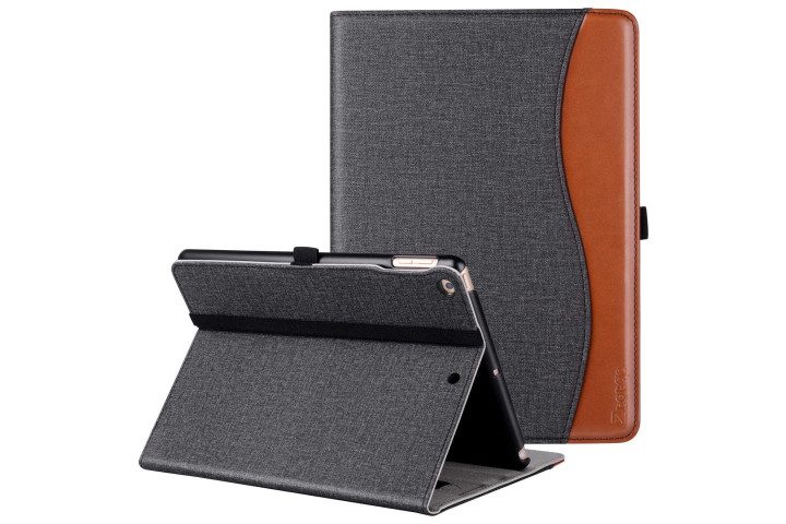 iPad in a black denim and brown leather case from Ztotop, showing the back of the case as well as the case folded out into a kickstand.