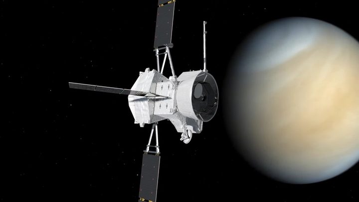 An artist's impression visualising the BepiColombo spacecraft flying past Venus.