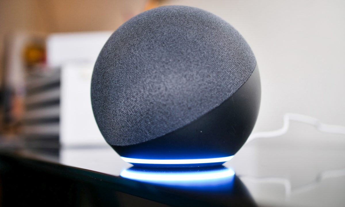 Amazon Echo speaker on a table.