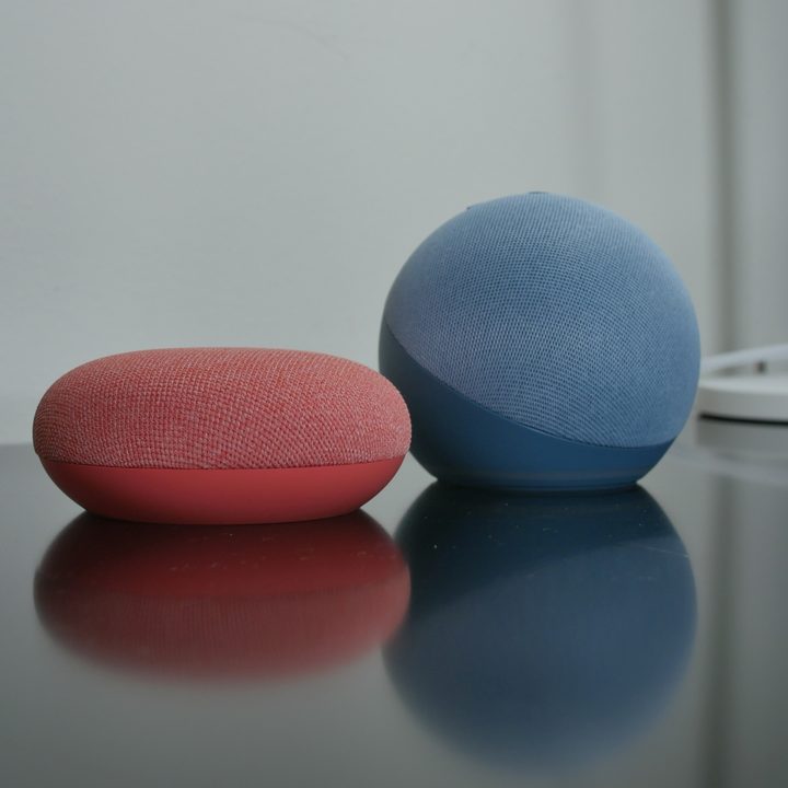 A Nest Mini next to an Echo Dot 4th Gen.