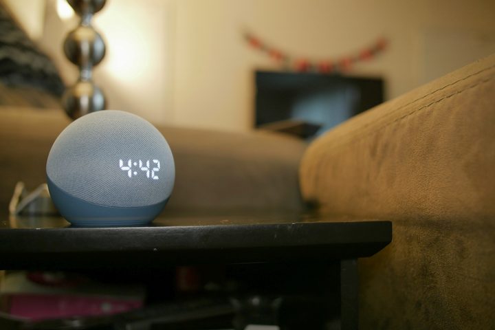 Amazon Echo Dot (4th Gen) with Clock on table