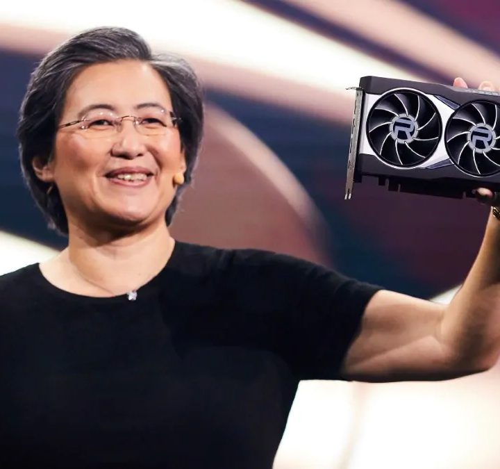 Lisa Su, the CEO of AMD, pictured holding an AMD Radeon RX 6900 XT graphics card.