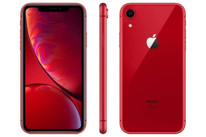 Picture shows the front, back, and side view of a red iPhone XR
