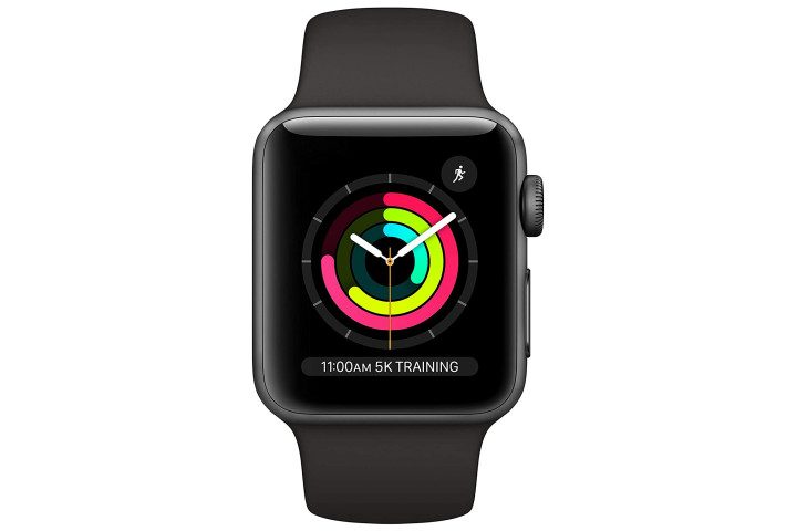 Picture shows a Space Gray Apple Watch Series 3 on a black sports band