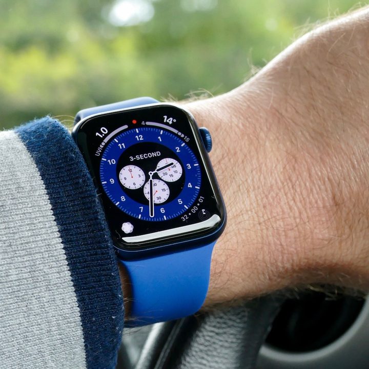 Apple Watch Series 6 with blue Sport Band.