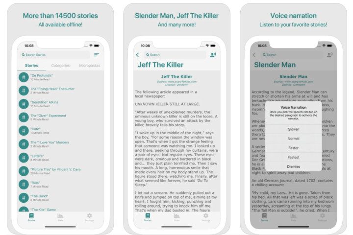 Creepypasta app showing stories and voice narration.