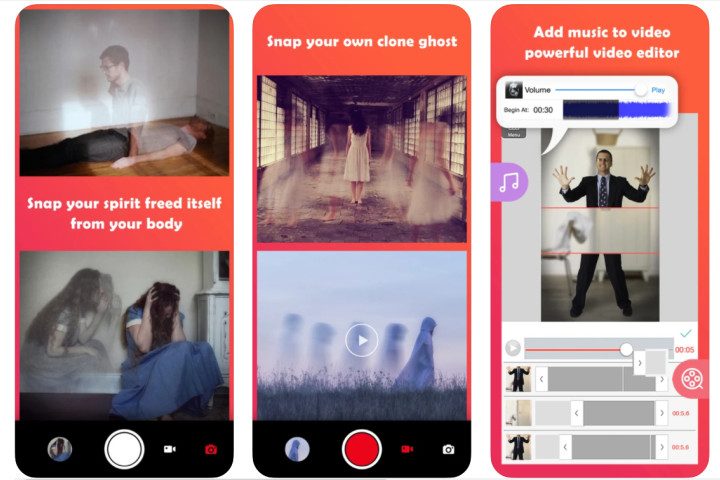 Ghost Lens AR app showing snapping and editing ghost photos.