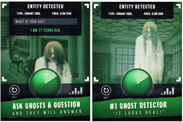 Ghost Detector Radar Camera app showing entity detection.
