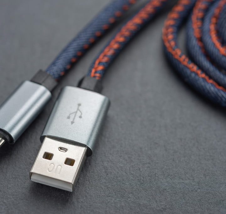 A microUSB cable with a braided cable.