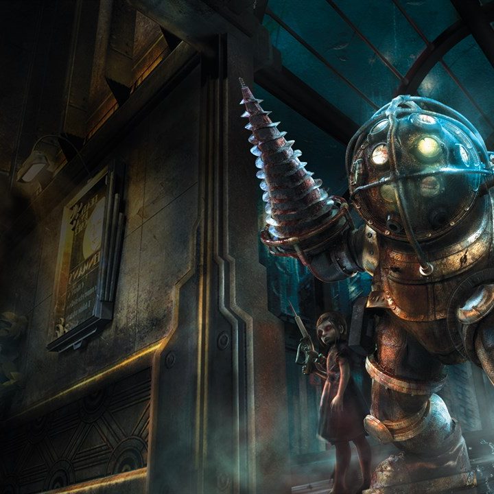 A Big Daddy stands tall in Bioshock.