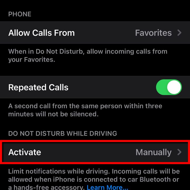Do Not Disturb Activate Manually.