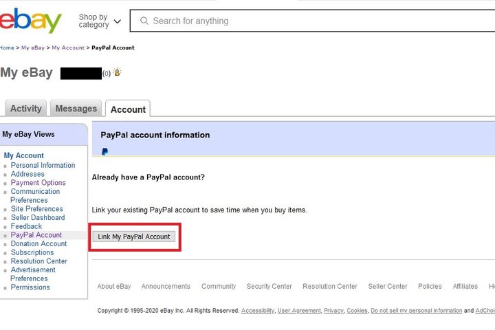 Ebay PayPal Link account screenshot