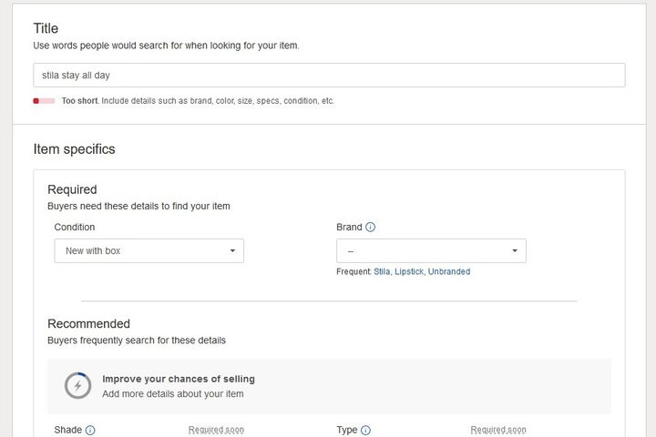 Ebay seller product listing editor page screenshot