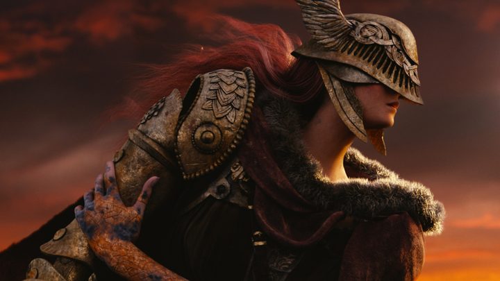 Malenia in Elden Ring putting her prosthetic arm on and looking off towards the right.