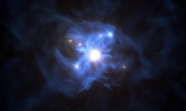 This artist’s impression shows the central black hole and the galaxies trapped in its gas web.