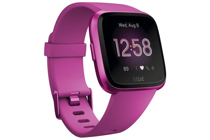 Picture shows a mulberry colored Fitbit Versa Lite smartwatch