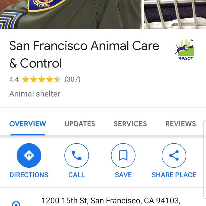 Screenshot of Google Maps showing the business page for San Francisco Animal Care and Control, with options for directions, call, save, or share place