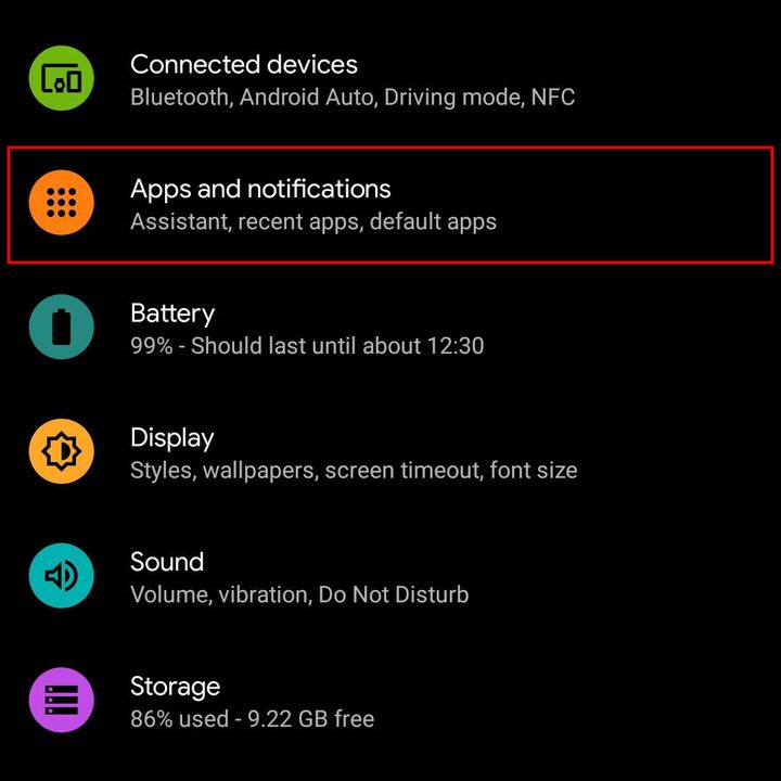 Apps and notifications settings.