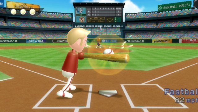 A Mii swings a baseball bat in Wii Sports.