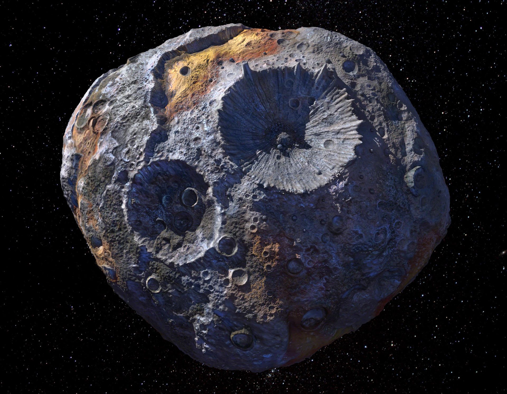 An artist’s concept of the asteroid Psyche, which lies in the main asteroid belt between Mars and Jupiter.