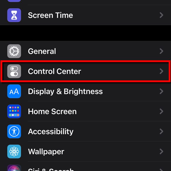 iPhone Settings select Control Center.