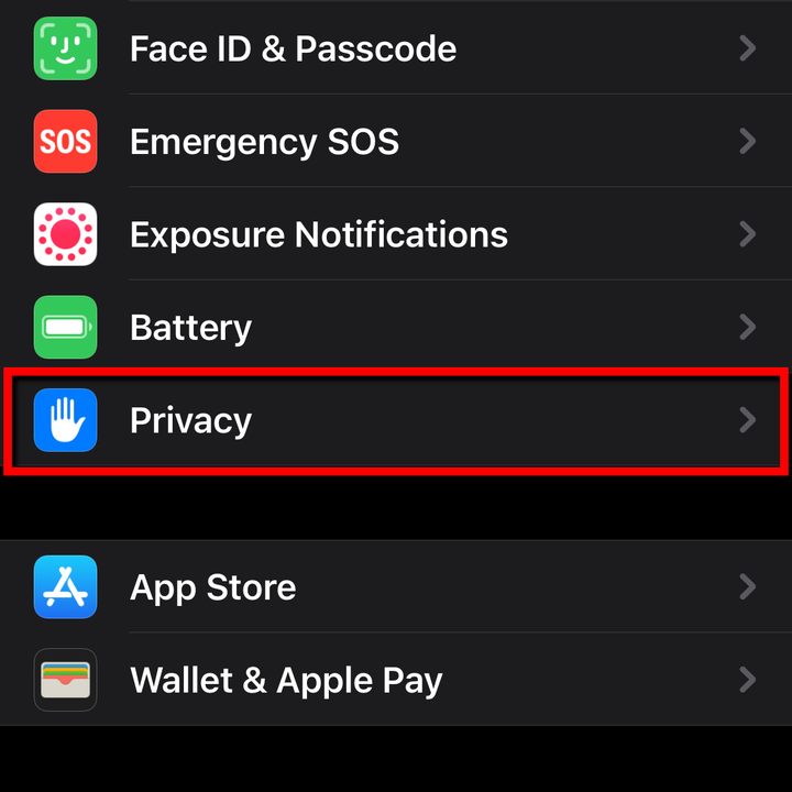 iPhone settings select Privacy.