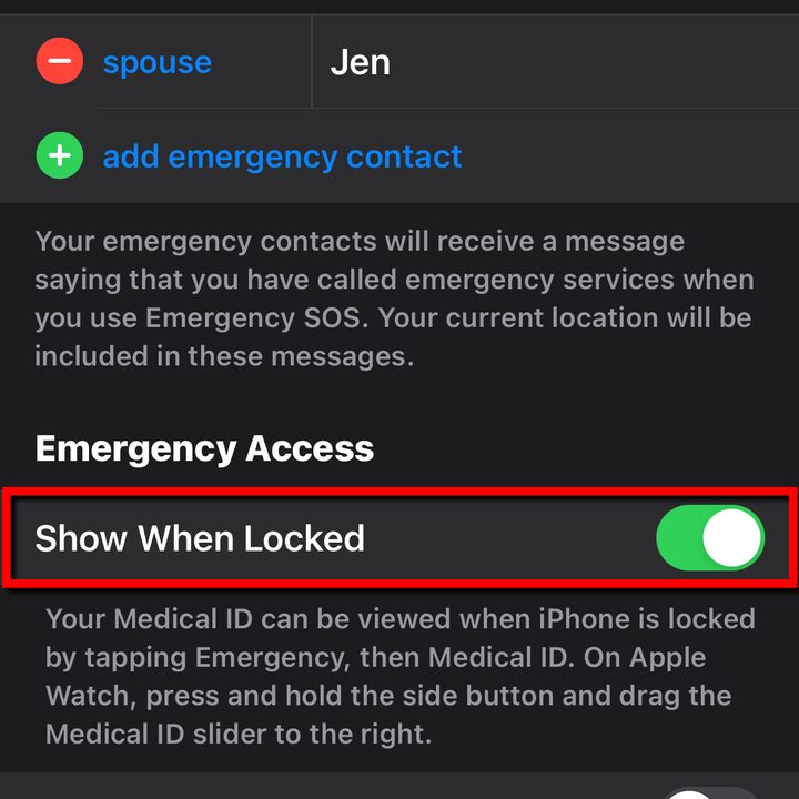 iPhone Show Medical ID when locked.