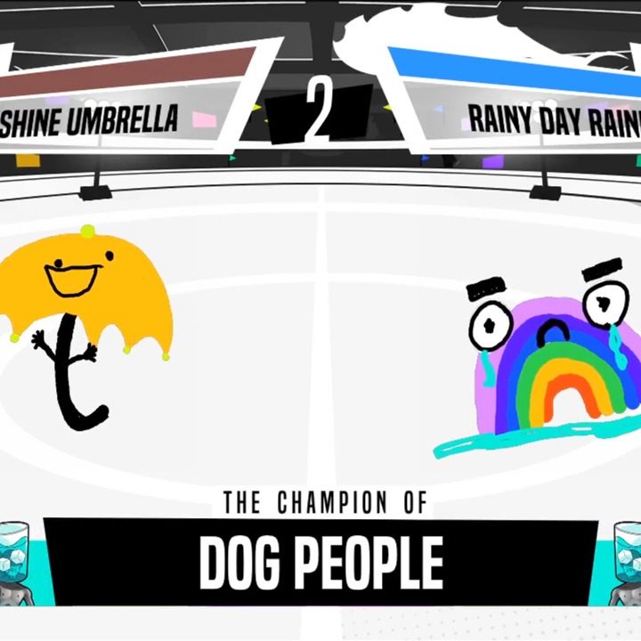An umbrella and rainbow facing off.