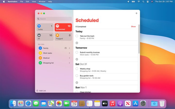 Apple's Reminders app in MacOS Big Sur