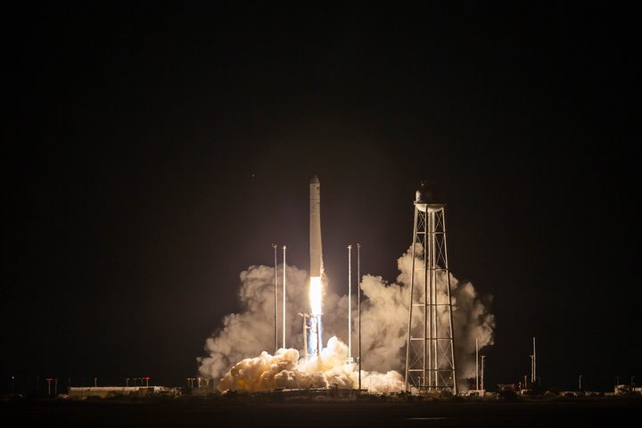 A Northrop Grumman Antares rocket launches to the International Space Station on Oct. 2, 2020, from NASA's Wallops Flight Facility, Wallops Island, Virginia. The rocket is carrying a Cygnus spacecraft with 8,000 pounds of supplies and experiments.